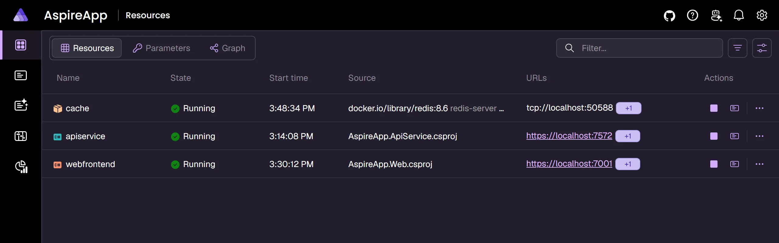 Refreshed Aspire 13.5 dashboard showing resource states, endpoints, and actions
