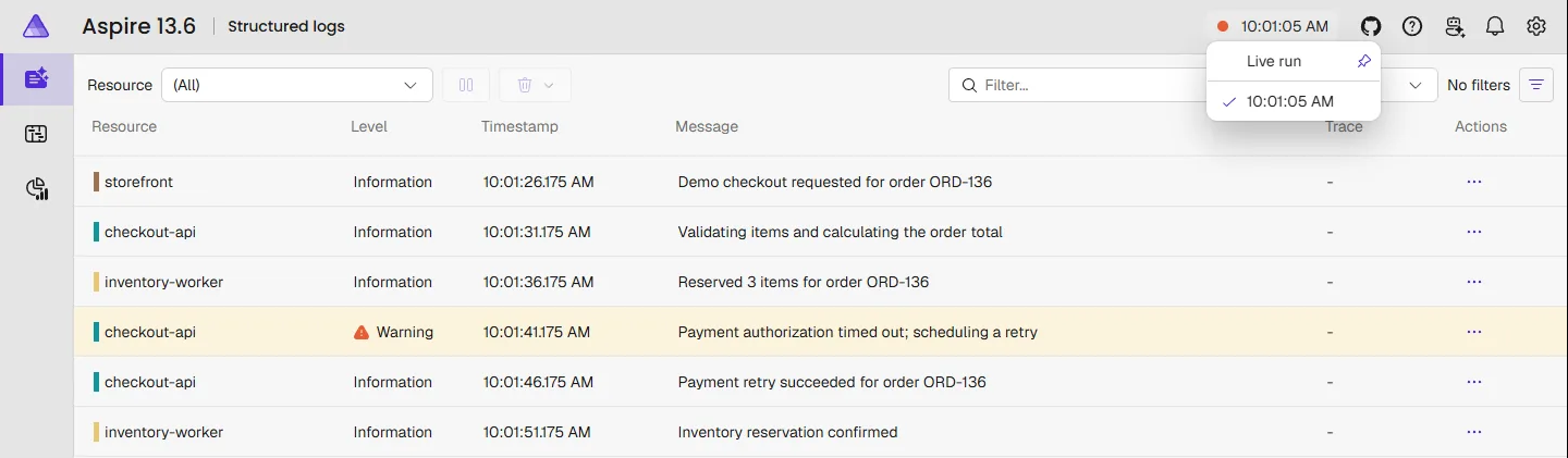 Aspire 13.6 dashboard showing structured logs with the run selector open on an earlier run