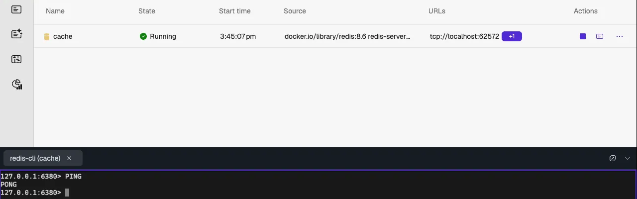 Aspire dashboard with a running Redis cache resource and a docked redis-cli tab showing PING and PONG