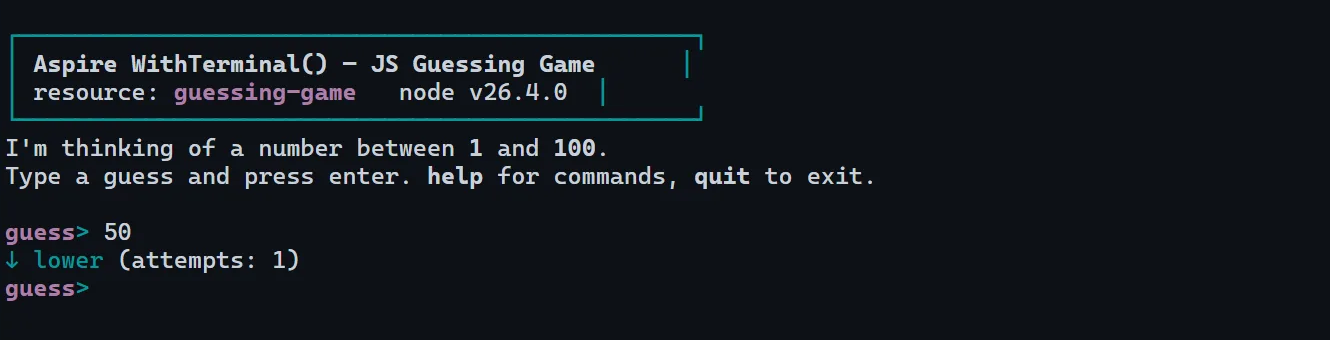Interactive JavaScript guessing game accepting input in the Aspire dashboard terminal