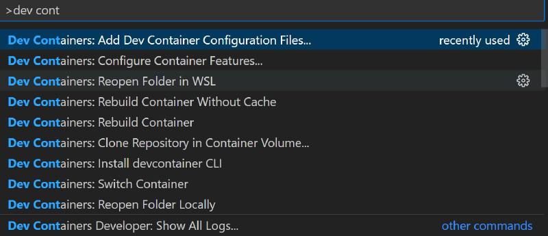 Dev Containers Command Palette