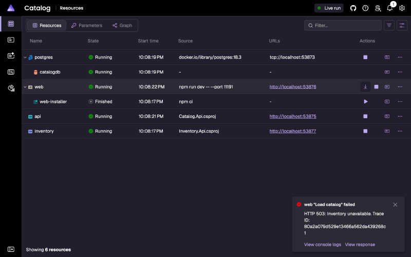 Aspire dashboard Resources page with the Load catalog action highlighted on the web resource and a failure notification reading HTTP 503: Inventory unavailable, with the request's trace ID