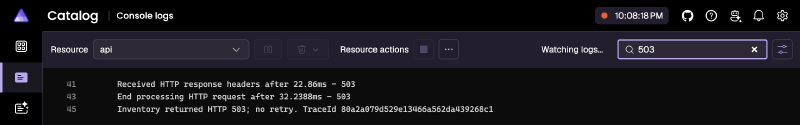 Console logs for api in the pinned 10:08:18 PM run, filtered to 503, ending with the warning that inventory returned HTTP 503 with no retry, followed by the same trace ID
