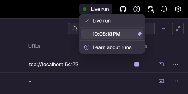 Run selector open in the recovered dashboard, listing the live run and the pinned 10:08:18 PM failing run